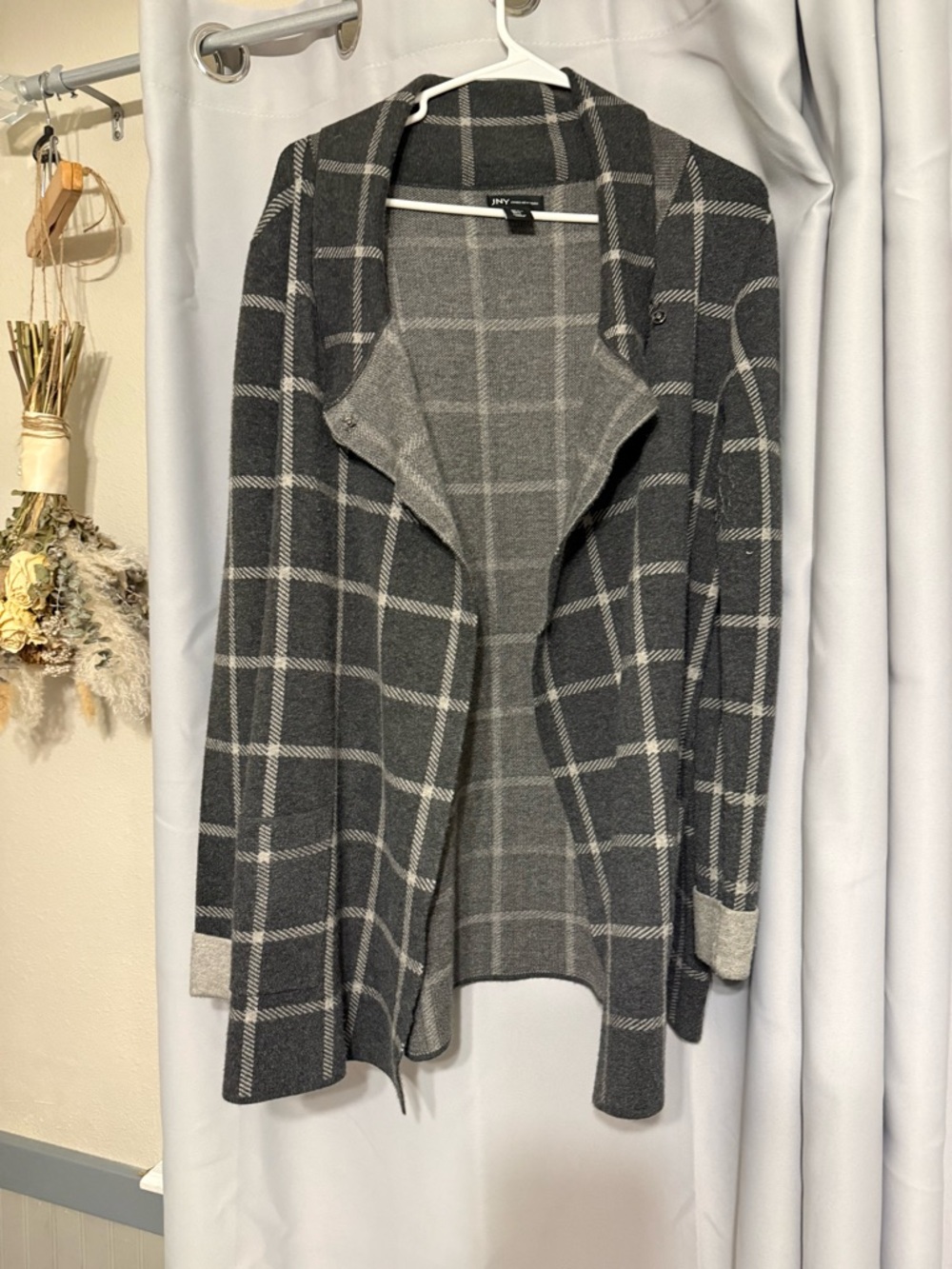 Jones New York Gray and Light Gray Plaid Open Cardigan